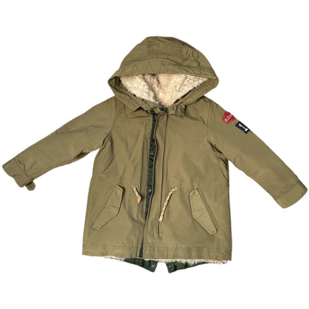 Zara Boys Olive Green Hooded Parka Jacket Removable Sherpa Lining Boys Size 5